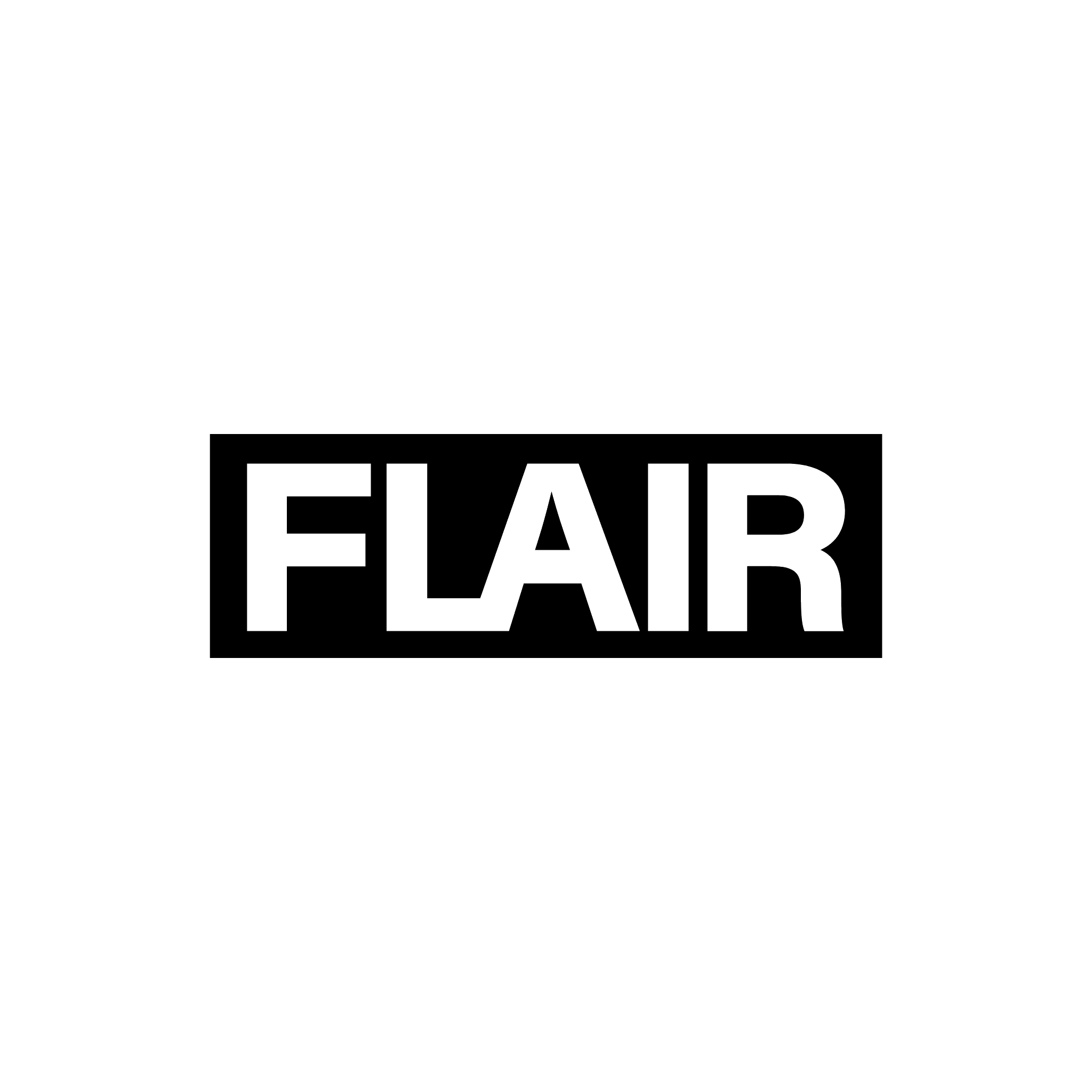 Een zwart-wit logo met de tekst 'FLAIR' in grote witte letters binnen een zwarte rechthoek.